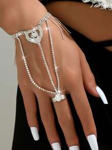 1pc Full Rhinestone Geometric Tassel Hand Chain Bracelet Ring Integrated Hand Jewelry For Women, Fashionable Luxury High-End - Silver - View 17