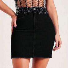 Falda vaquera negra casual de cintura alta con flecos - Negro01 - Ver 4