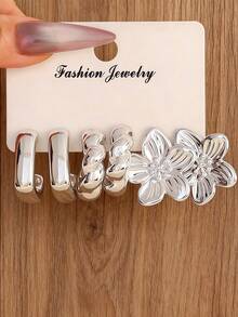 3-9 pares de pendientes de aro de plata para mujer, con diseño grueso hipoalergénico con patrón floral y decoración de cadena, adecuado para uso diario o fiesta, accesorio de joyería de moda - Plateado - Ver 2