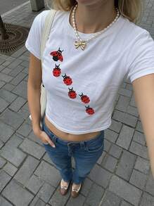 Y2K风格瓢虫印花休闲简约修身圆领短袖T恤上衣，女士可爱夏季单品 白色 - 白色 - 查看 1