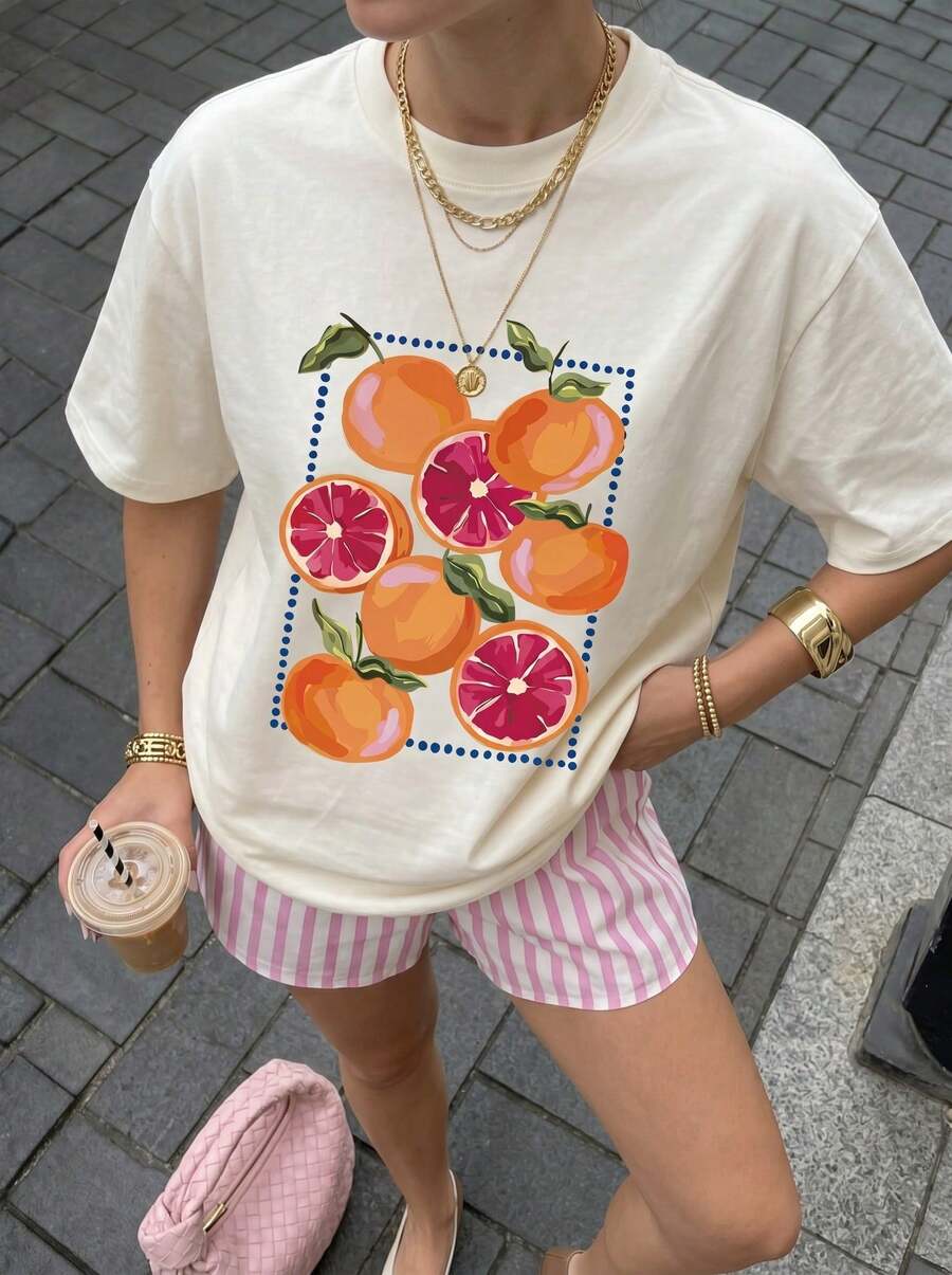 Buzzelle 夏季新款休闲橙色印花圆领短袖T恤,时尚百搭女式上衣 - 淺杏 - 查看 1