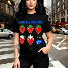 Camiseta de mujer con estampado divertido "Motherhood is my jam" con fresas rojas y letras coloridas - camiseta casual de manga corta con ajuste cómodo y fresco, estilo urbano y moderno para caminar por la ciudad - ideal para el Día de las Madres, cu - Negro - Ver 9