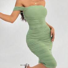WNS  PETITE Vestido verde de hombros descubiertos para vacaciones de primavera, ropa barata de verano, vestido de verano, vestido de primavera, vestido pastel, vestido de playa para mujer, vestido largo de playa, vestido de verano - Blanco - Ver 6