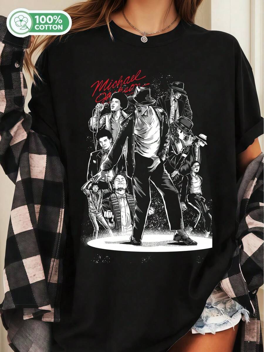 MMichael Jackson Stage Evolution Moonwalk Graphic Cotton T-Shirt Unisex Fan Tee.Png - Black - View 1