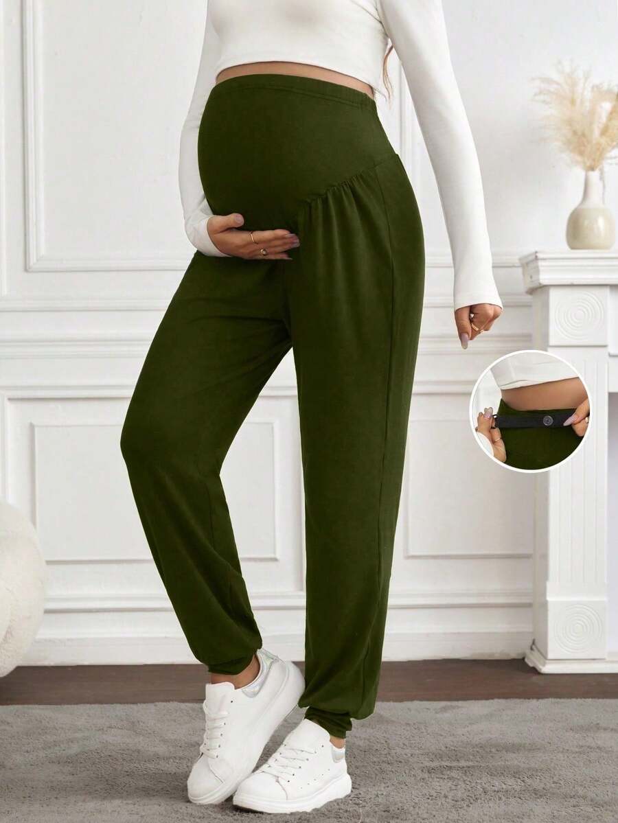 Pantalones harem casuales de maternidad con detalles de cintura ajustable y plisado de unicolor - Verde - Ver 1