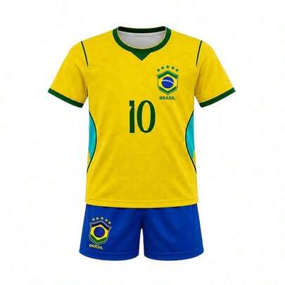 Kit Conjunto Camisa e Short Infantil Juvenil AMARELO 2026 | 100% Poliéster Escudo Bordado com Nome e Numero de Jogador