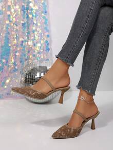French Elegant Lace Breathable Pointed Toe Stiletto Heel Sandals Women's Outdoor Fairy Style Gentle Versatile Closed Toe High Heel Sandals - Khaki - View 8