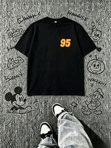 Local Warehouse, Official Disney Licensed, Unisex Summer New Black Double‑Sided Print Short‑Sleeve T‑Shirt, Front Number 95 Mini Logo & Back Lightning McQueen Racing Lightning‑Element Casual Loose Top, Cool Sport‑Style Tee - 黑色 - 查看 4
