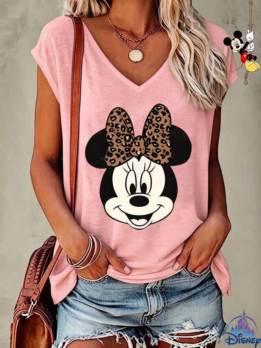 Disney Minnie Mouse Retro Old Wind Leopard Bow Head Creative Printing Design 2026 Spring And Summer Round Neck T-Shirt Retro Couple Fashion V-Neck T-Shirt Cap Sleeve Women's Vest T-Shirt, Casual Style, Excellent Holiday Gifts, Mother's Day. - 玫瑰紅 - 查看 1