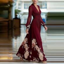 Long Spring Dress With Tulle Overlay, French-Style Fitted Cut, Versatile Print - Burgundy - View 8
