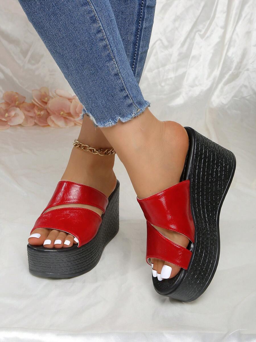 Sandal Wedges Minimalis Elegan Nyaman Kasual Modis Ukuran Plus Wanita, Sol Tebal Serbaguna dengan Ujung Terbuka - Merah - View 1