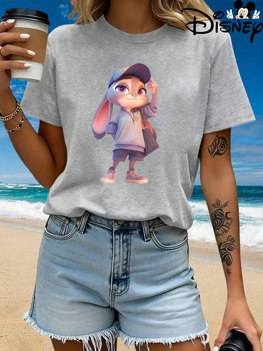 Breathable Cotton Disney Fan Tee | "Officer Judy Hopps" 3D-Style Character Graphic Print | Fun Casual Short-Sleeve Top - 灰色 - 查看 1