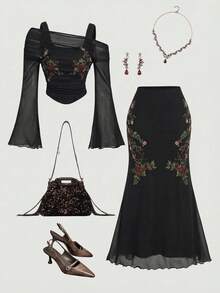 MOD Conjunto de 2 piezas elegante para mujer: Camiseta con estampado floral combinada con falda maxi de corte slim - Negro - Ver 1
