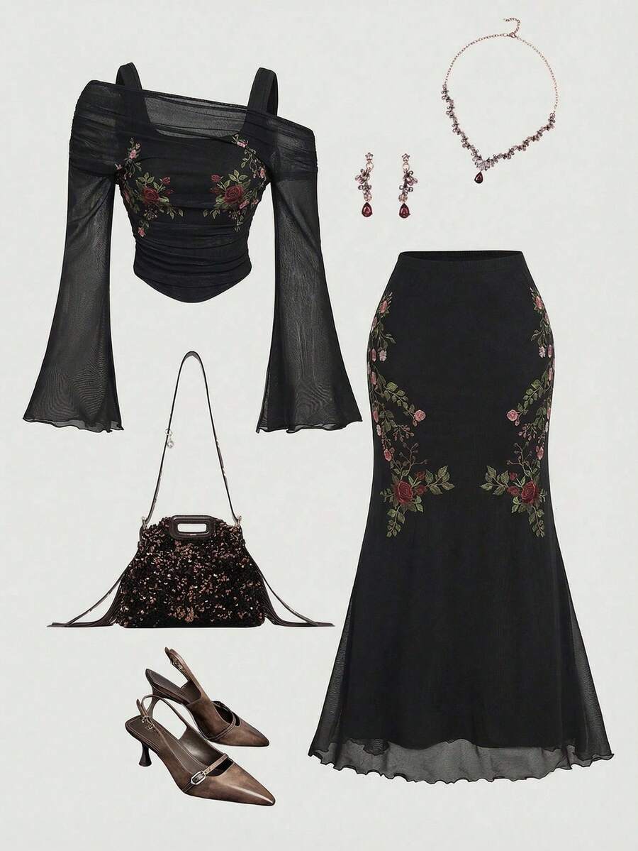 MOD Conjunto de 2 piezas elegante para mujer: Camiseta con estampado floral combinada con falda maxi de corte slim - Negro - Ver 1