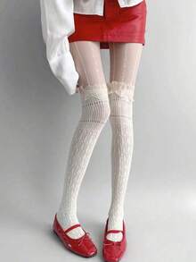 1 Pair Black Thigh High Socks For Women, Thin Summer Lolita Style Lace Patchwork Hollow Out Sexy Stockings, Suitable For Spring And Autumn - Multicolor - View 3
