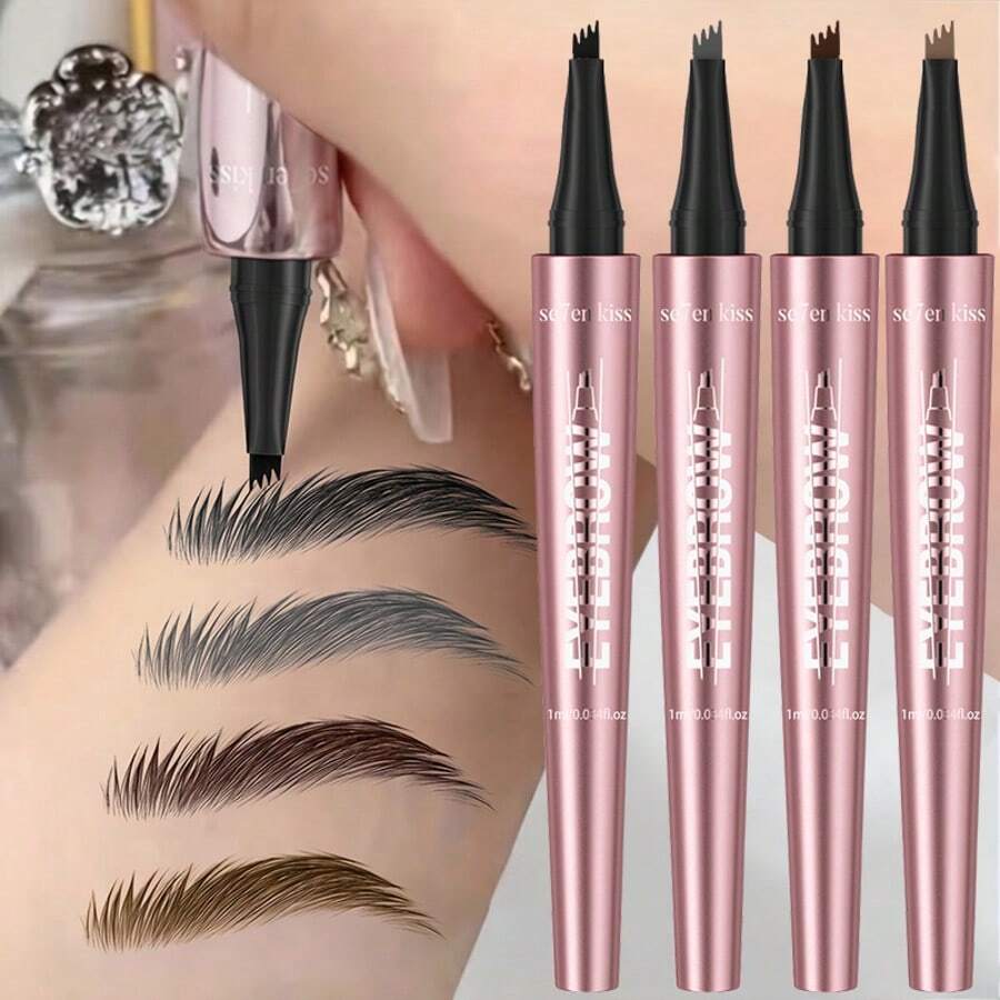 4-Prong Waterproof Eyebrow Pencil, 4 Colors Available, Natural-Looking Liquid Eyebrow Pencil, Waterproof And Sweat-Proof, 4-In-1 Eyebrow Pencil For Precise Brow Definition, Essential For Beginners And Clumsy Hands - Multicolor - View 1