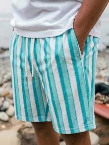 Men's Summer Beach Casual Contrast Stripe Drawstring Shorts - Mint Blue - View 1