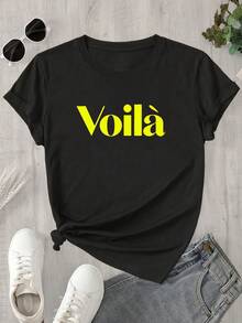Top de mujer de manga corta y cuello redondo con estampado de logo y letras amarillas, apto para todas las estaciones. - Negro - Ver 1