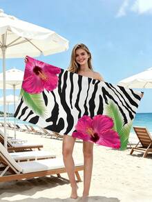 1pc Black & White Zebra Print Beach Towel, Large Floral Beach Blanket, Super Absorbent & Quick Dry Towel, Oversized Waterproof Beach Mat, Suitable For Surfing, Diving, Swimming Pool, Yoga, Gym, Summer Beach Decor, Holiday Party Essential - Zebra Stripes - View 5