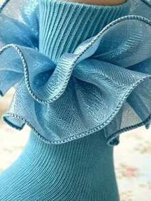 1 par de calcetines con dobladillo fruncido para niñas, calcetines de estilo princesa suaves para uso diario y días festivos - Celeste - Ver 3