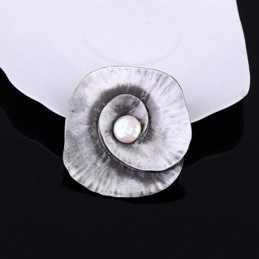 1pc Vintage Floral Brooch, Antique Silver Spiral Flower Pin, White Faux Pearl, Multi-Functional Accessory, Suitable For Women's Suits, Scarves, Dresses, Brooches And Pins - A - View 1