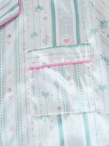 Striped Floral Heart Print Women's Satin Short Sleeve Shorts Pajama Set - Green - View 4