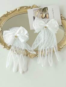 1 Pair Women's Lace Transparent Wedding Gloves With Bow & Pendant - White - View 5