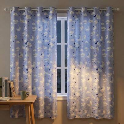 1 pieza Cortinas con estampado de luna, estrella y nube, cortinas con ojales de color azul claro para dormitorio de niños y guardería