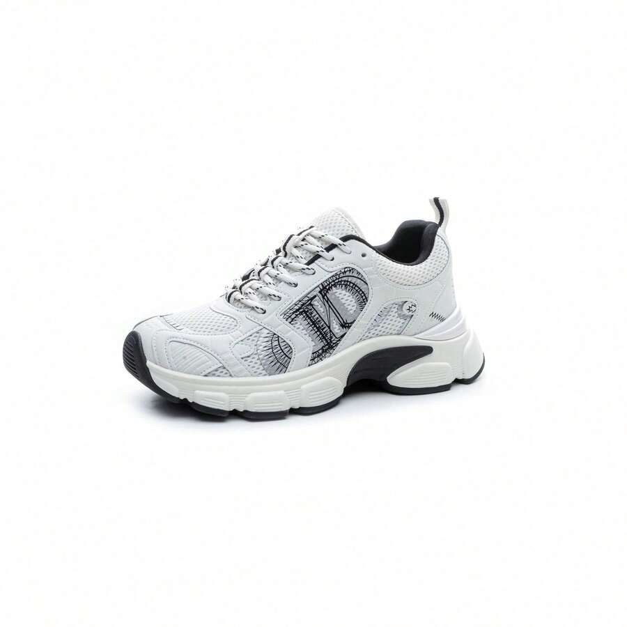 (No Packaging Box)  Silver CD Letter Low-Top Lace-Up Sneakers For Women, 2026 Spring New Model, Thick-Soled Height-Increasing Mesh Dad Shoes For Women EOK6 - Black - View 1