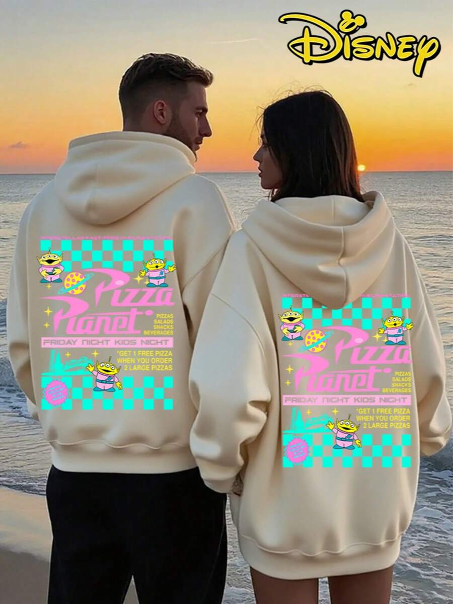 Couples Disney Toy Story Pizza Planet Alien Print Hooded Sweatshirt, Casual Loose Streetwear Hoodie, Sold As Single Piece 1pcs - Quả mơ dành cho nữ - Xem 1