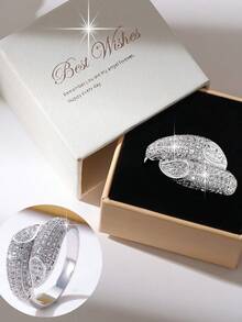 1 pieza Anillo vintage glamuroso de doble hoja con incrustación completa de circonita para mujer, accesorio elegante para fiestas y reuniones con textura premium - anillo - Ver 3