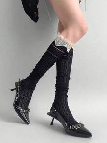 1 Pair Black Thigh High Socks For Women, Thin Summer Lolita Style Lace Patchwork Hollow Out Sexy Stockings, Suitable For Spring And Autumn - Multicolor - View 11