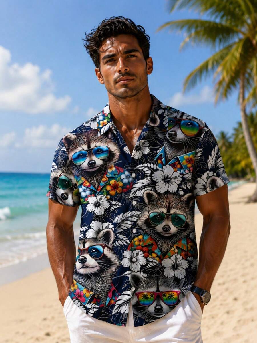 Men's Casual Vacation 3D Raccoon Print Shirt - Multicolor - View 1