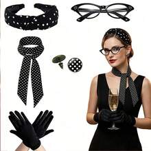 Conjunto de 5 Peças Coleção de Acessórios Femininos Vintage dos Anos 1940 | Tiara de Poá para Festa de Baile dos Anos 1950, Colar, Brincos, Óculos de Fantasia, Conjunto de Lenço de Cor Sólida, Óculos Gatinho Estilo Vintage, Tiara de Poá com Colar e Brincos - Perfeito para Festas e Eventos com Tema Vintage, Presentes de Fantasia para Feriados, Tiara de Poá Vintage com Lenço, Óculos de Fantasia, Conjunto de Brincos, Acessórios de Festa Cos Vintage Americano dos Anos 50, Halloween - Multicolorido - Visão 14