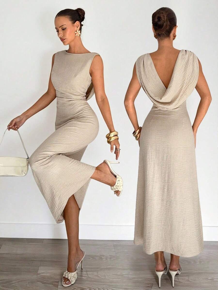 xheSiren Gaze Vestido con cintura plisada para mujer, vestido con escote pronunciado y espalda descubierta, vestido de oficina sexy y elegante, vestido de vacaciones, único y de moda, para ir al trabajo, elegante, sexy, para vacaciones, playa, Hawái, temporada de bodas, vestido para ceremonia de graduación, vestido de gala formal para mujer, vestido de cóctel para mujer, vestido con cuello drapeado, vestido de cumpleaños para mujer, vestido de novia para mujer, vestido de espalda descubiertaxhe - Albaricoque - Ver 1
