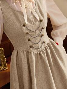 xheVintamour Vestido vintage elegante para mujer con bolsillos, cruzado, con cadena y botones metálicos, vestido informal para vacaciones de otoño.xhe - Albaricoque - Ver 1