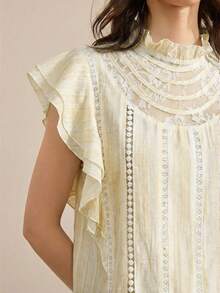 2026 Blusa de mujer con volantes, manga con volantes, unicolor, elegante y de moda para primavera/verano, adecuada para exteriores, playa, estilo bohemio de vacaciones, popular en verano, festival de música country, estilo occidental, tela de alta calidad, cómoda y versátil - Amarillo - Ver 1