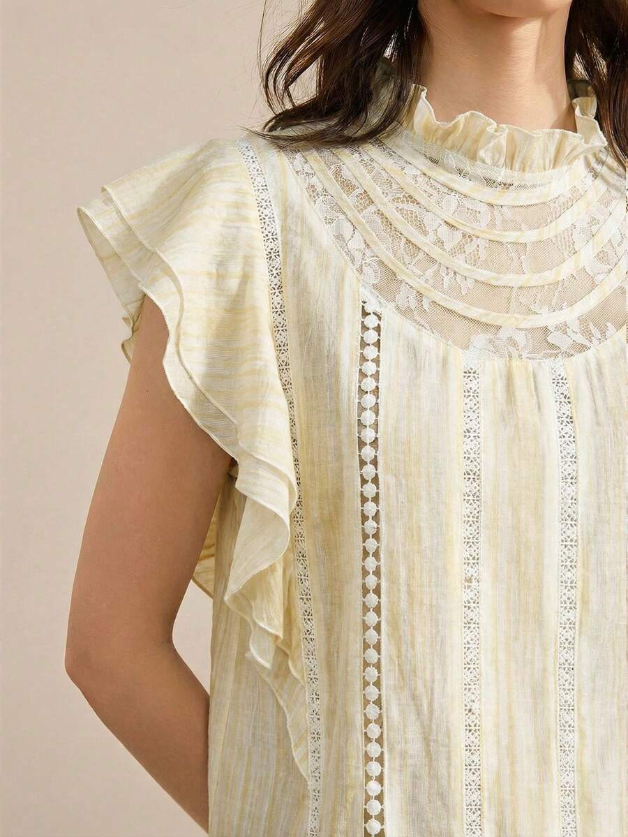 2026 Blusa de mujer con volantes, manga con volantes, unicolor, elegante y de moda para primavera/verano, adecuada para exteriores, playa, estilo bohemio de vacaciones, popular en verano, festival de música country, estilo occidental, tela de alta calidad, cómoda y versátil - Amarillo - Ver 1