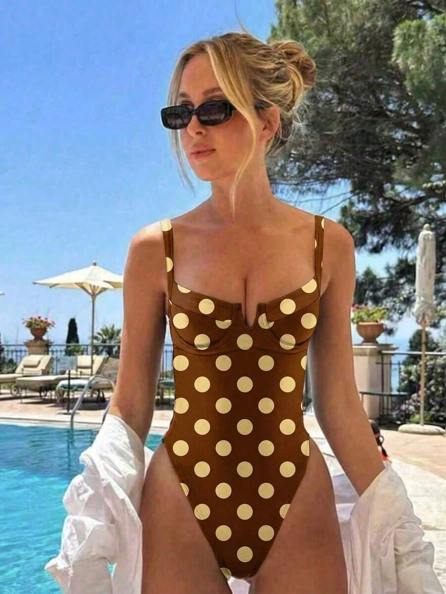 Nuevo traje de baño de una pieza de color verde sólido, con escote en V, casual, elegante y sexy para la playa, vacaciones, fiestas y citas - Multicolor 2 - Ver 1