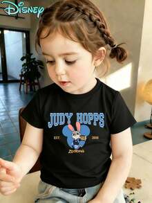 Disney Zootopia Judy Hopps Toddler Girls T-Shirt, 6 Months-3 Years Short Sleeve Top, Double-Sided Cartoon Print Tee, Casual Summer & Birthday Wear With Express Delivery - 黑色 - 查看 2