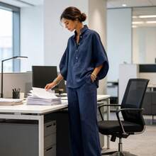 Women's Linen Blend 2-Piece Set, Casual Urban Outfit With Stand Collar Top And Wide Leg Pants - 深色水洗藍 - 查看 2