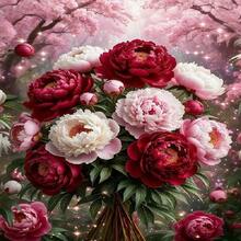 1件 30x40cm/12x16in 5D DIY 全鑽畫套裝,紅粉牡丹花束配櫻花背景設計,水鑽馬賽克藝術,手工牆飾適合客廳臥室,家居裝飾成人初學者禮物 - 圓鑽 - 查看 9