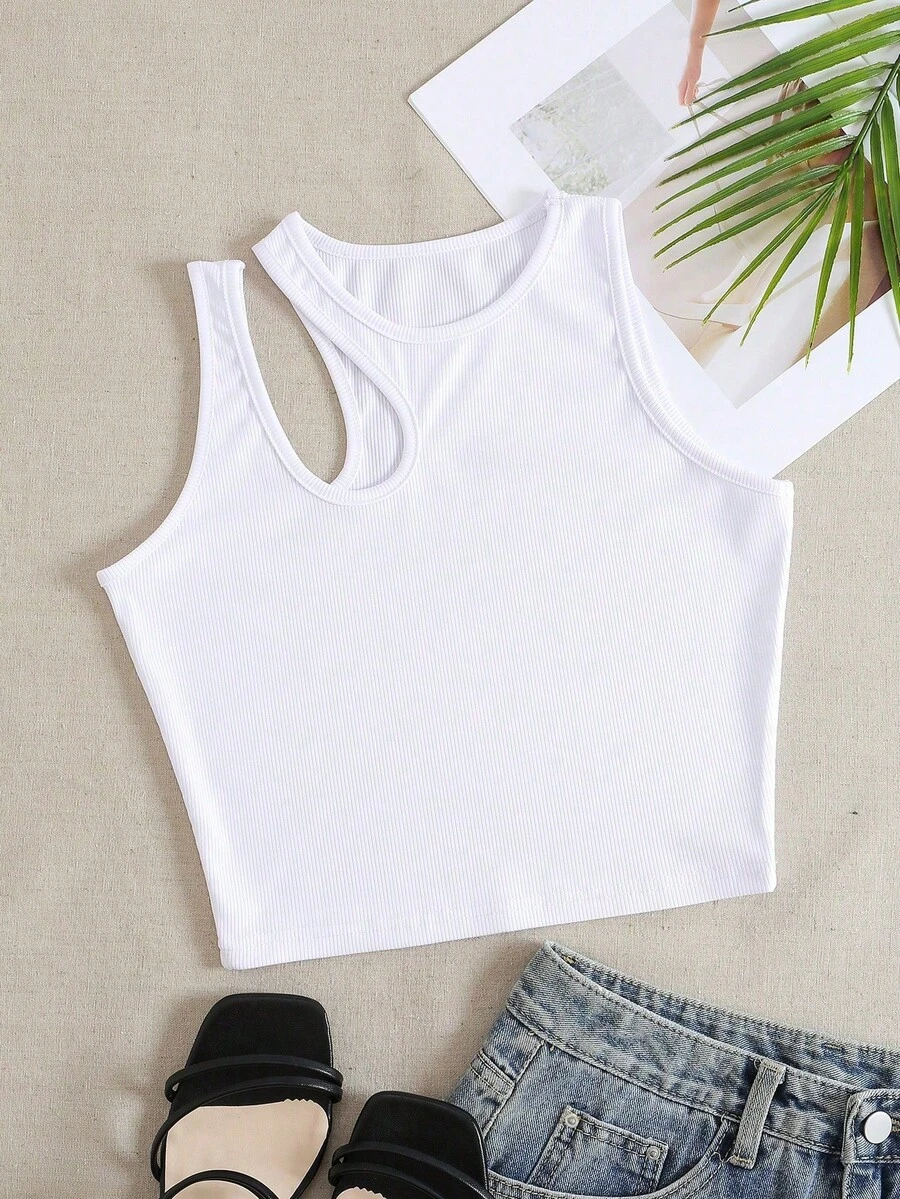 Tank Top De Ocio En Tejido De Punto Acanalado Con Hombros Descubiertos Para Verano - Blanco - Ver 1