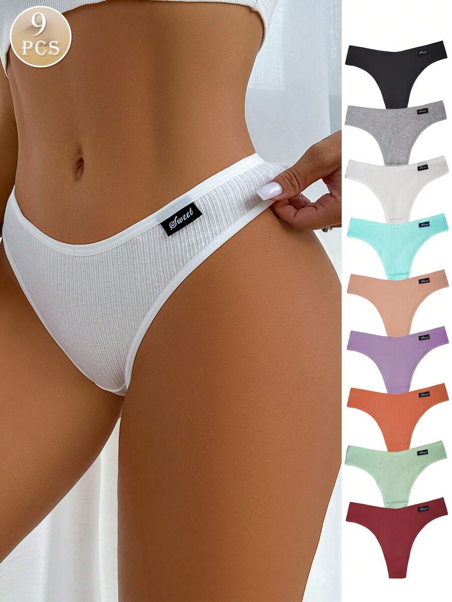 9pcs/Set Multicolored Women's Rib-Knit High Elastic Knitted Fabric SWEET Logo Sexy Thongs Panties, Cute And Sweet Panties
