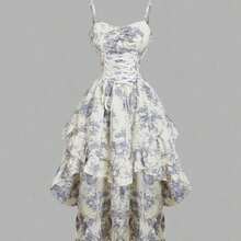WNS  MOD Vestido vintage con cuello de corazón, cruzado en la cintura, con volantes en el borde y bajo asimétrico, unicolor, para graduación en blanco - Azul y blanco - Ver 1