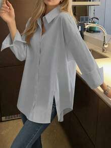 Áo sơ mi nữ xuân/thu mặc thường ngày đi làm đi chơi phong cách tối giản đa năng màu trơn cài nút trước - Màu Xám nhạt - Xem 3