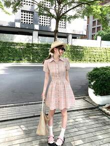 Vestido camisa con botones a cuadros, elegante de verano en color rosa - Rosa - Ver 4