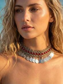 1 Set Bohemian Style Coin Tassel Pendant Necklace & Anklet, Beach Vacation Jewelry Set - Antique Silver - View 7