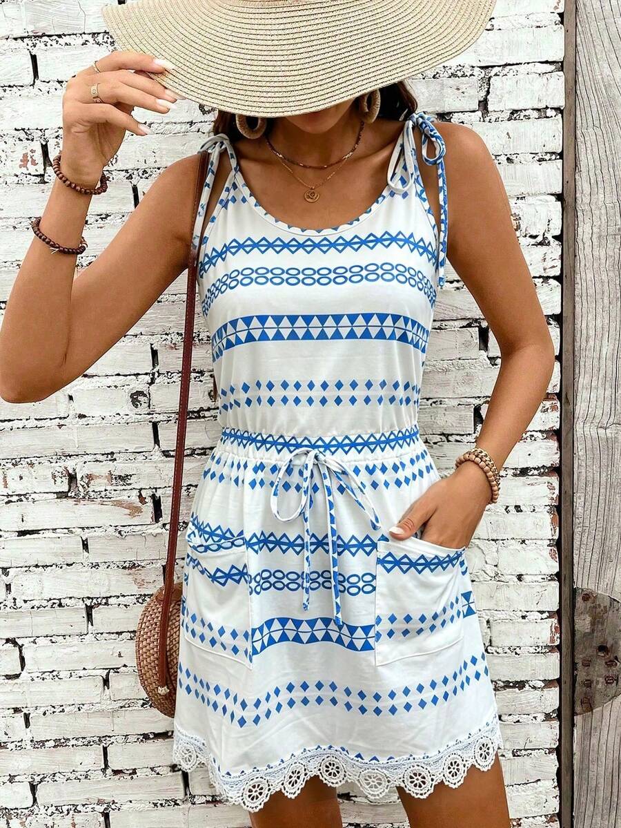 Vestido casual de mujer con rayas de verano sin mangas, con corbata en la cintura y dos bolsillos - Azul y blanco - Ver 1