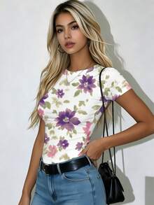 Women's Summer Printed T-Shirt, Elegant Casual Round Neck Short Sleeve Top For Girls' Outfits, Suitable For Daily Wear Basic Shirt - Multicolor - View 4